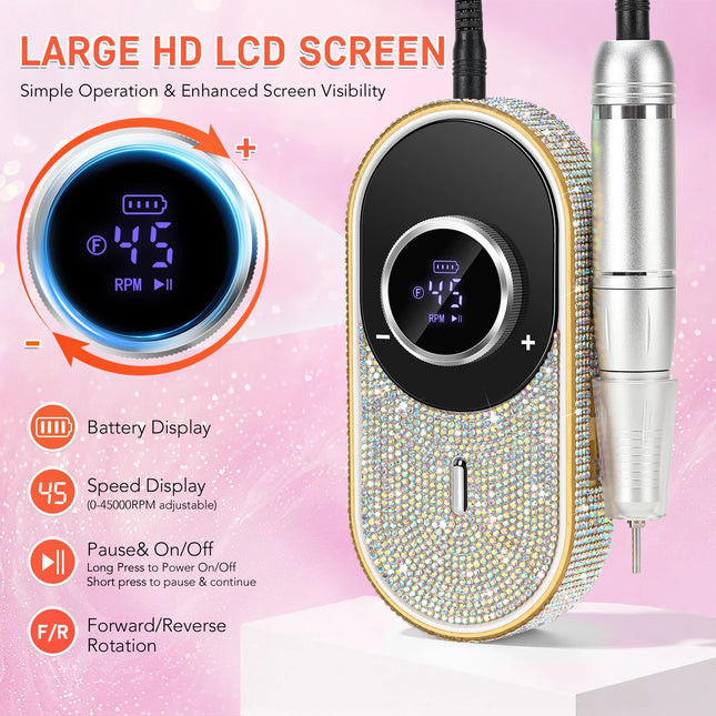 DianaBeauty 45000RPM Electric Nail Drill Machine Rechargeable Nail Polisher Portable Nail File For Gel Nails Remover Manirure