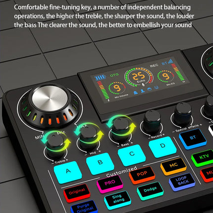Audio Mixer, Live Sound Card with DJ Mixer Effects & Voice Changer, Sound Board with RGB, Music Recording Equipment