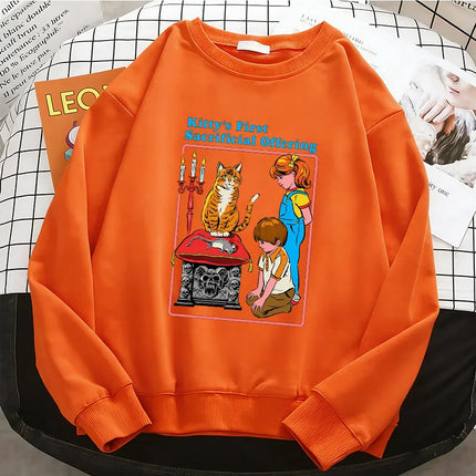 Y2K Funny Cat Pattern Comic Design Hoodies Warm Fleece Sweatshirt Soft O-Neck Pullover Casual Female Clothes