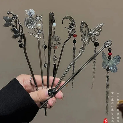 New Chinese Style Butterfly Flower Tassel Hair Stick for Women Vintage Metal Hanfu Chopstick Hair Sticks Ebony Hair Accessories