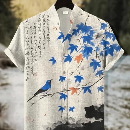 Men's Linen Short Sleeve Hawaiian Casual Vacation Stand-Up Collar Printed High-Quality Wedding And Social Occasion Shirt