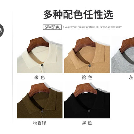 Men's short sleeved polo shirt, stylish top, knitted T-shirt, 2024 summer wool blend casual business pullover
