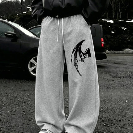 Mens Dark Gothic Spider Bat Wing Print Baggy Wide Leg Sweat Pants Loose Straight Drawstring Hip Hop Street Joggers