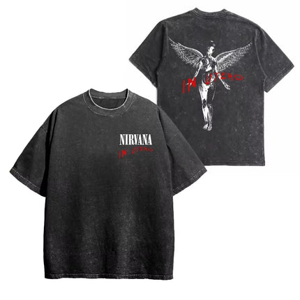 Nirvana rock band men's Retro cotton Washed Tee In Utero album man Women's oversized Y2K distress Tshirt Casual Loose streetwear