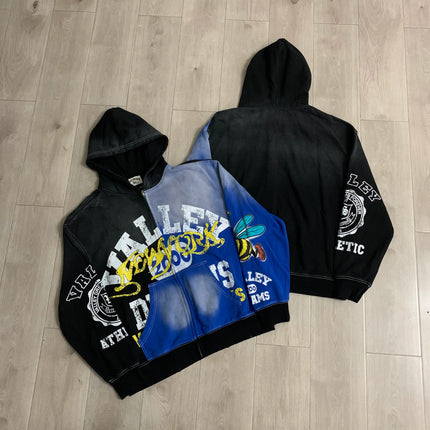 Streetwear Shinning Diamond Zipper Terry Hooded Hoodie for Men Oversized Graffiti Flame Cardigan Rhinestone Sweatshirt Jacket