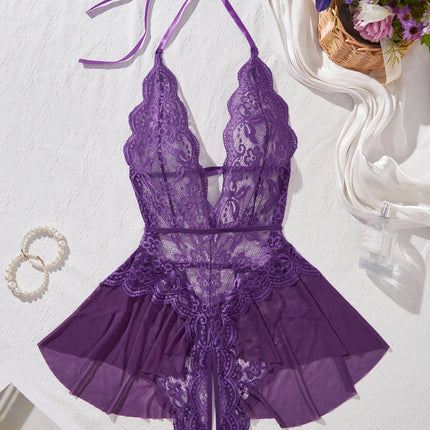 Women Plus Size Purple Lace Halter Neck Bodysuit With Peplum Skirt
