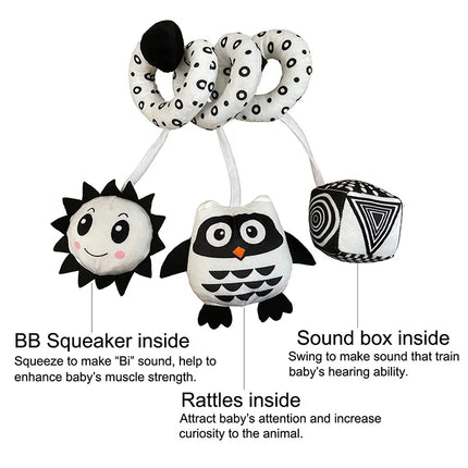 Hanging Toys Car Seat Crib Mobile Infant Baby Spiral Plush Bed Stroller Bar Black and White Color Toy with Rattles BB Squeaker