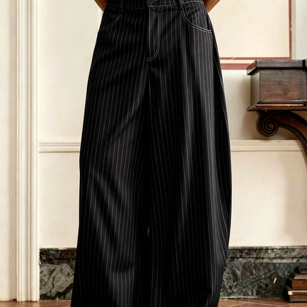 Vintage Pinstripe Mens Oversized Barrel Banana Wide Leg Trousers Anti-Wrinkle Baggy Loose Striped Pants Polyester Spandex Blend