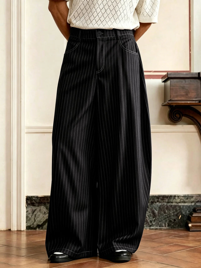 Vintage Pinstripe Mens Oversized Barrel Banana Wide Leg Trousers Anti-Wrinkle Baggy Loose Striped Pants Polyester Spandex Blend