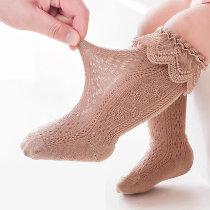 Pudcoco Toddler Girls Knee High Socks Summer Breathable Knit Lace Ruffle Princess Socks for Party, Wedding, Photography 0-3T