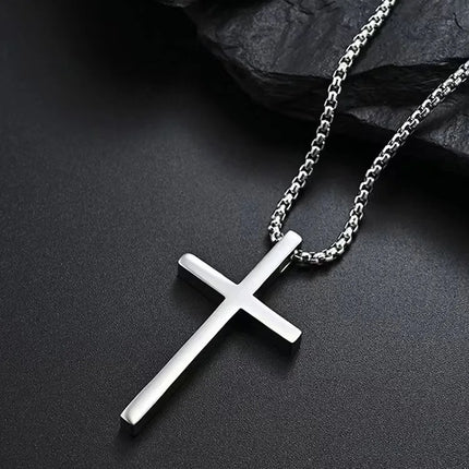 Stainless Steel Cross Necklace for Men Boys,Silver Color Plain Cross Pendant Collar,Hiphop Classic Punk Jewelry Gift