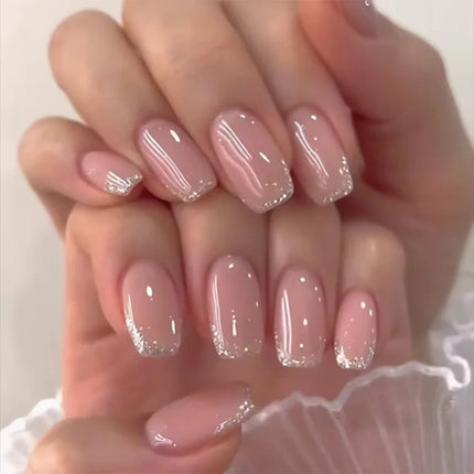 24Pcs Simple Square Head Fake Nail with nude design White Gradient French Press on False Nails Short Full Cover Nail Tips