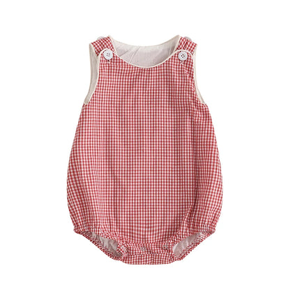 Baby Summer Tank Romper Plaid Print Sleeveless Round Neck Jumpsuit for Boys and Girls