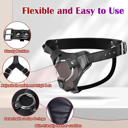 Adjustable Strap On Dildo Harness Adult Sex Toys for Women Men Leather Belt with 2 Size Metal O-Rings for Lesbian Gay Anal Toys