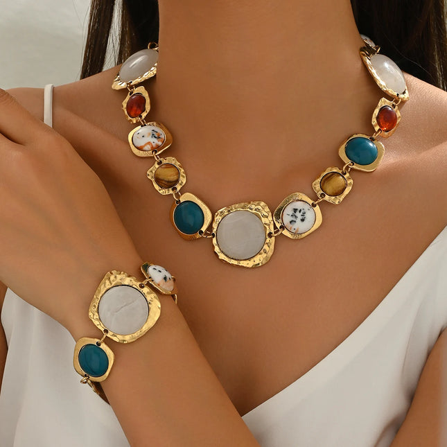 Vintage Multi-color Irregular Geometric Bracelets Necklace Chunky Exaggerated Metal Jewelry Sets Bohemia Fashion Jewelry Gifts