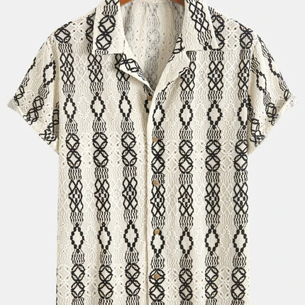 Summer 2025 Men's Short-sleeved Shirt With Black And White Stripes And Collection Pattern Print Single-breasted Fashion Shirt