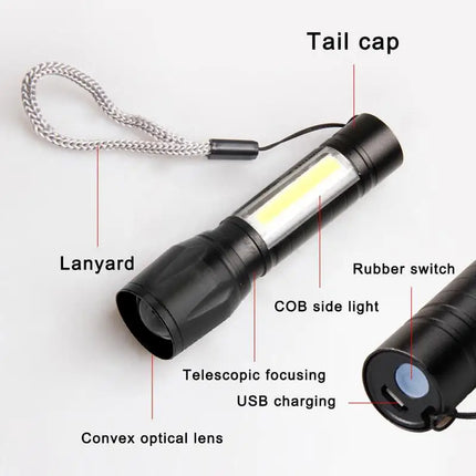 Mini LED Flashlight Portable USB Charging Handheld Emergency Spotlight Waterproof Zoomable Light Ultra Bright Camping Torch