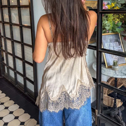 Women Lace Trim Satin Tank Top Sexy Solid V Neck Silk Camisole Top Summer Fashion Asymmetrical Backless Spaghetti Strap Camisole