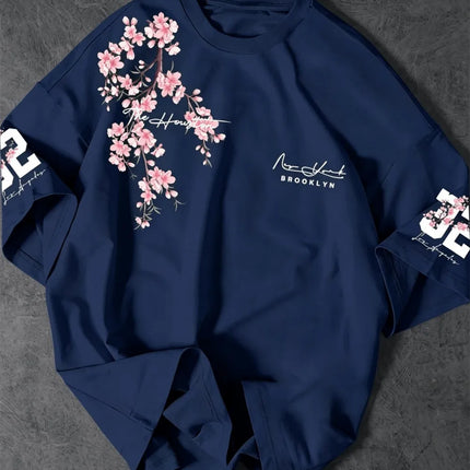 Hot selling summer men's Brooklyn cherry blossom letter print comfortable and breathable round neck T-shirt outdoor street top