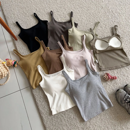 Women's Vest with Built-in Bra Pad Elastic Ribbed Square Collar Csole Tank Top ort Length  Color Versatile Summer F...