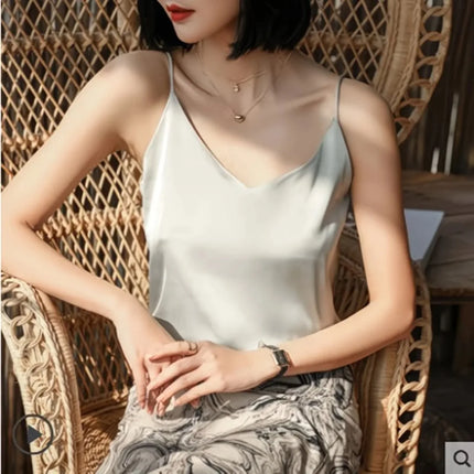 2026 Spaghetti Strap Top Women Halter V Neck Basic White Cami Sleeveless Satin Silk Tank Tops Women's Summer Camisole Crop Top