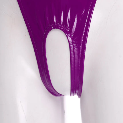 Womens Sexy Glossy Patent Leather Crotchless Bodysuit Monokini Sling Latex Catsuit Special Occasion Costume with Choker Necklace