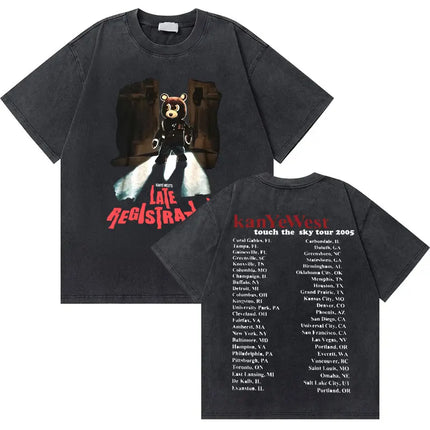 Washed Vintage Rapper Kanye West Graduation Bear Graphic T Shirt Men Pure Cotton T-shirt Men's Hip Hop Fashion Oversized Tshirt