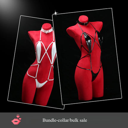 Sexy Lingerie Bodysuits Erotic Crotchless Leather Jumpsuit Nightgown Porn Sexy Underwear Costumes Lingerie Leashes Bundle Set