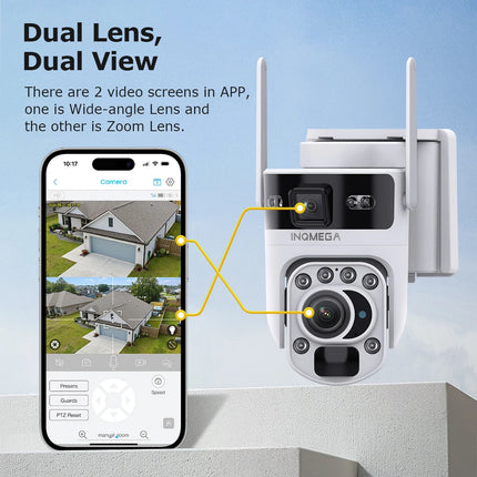 INQMEGA 12MP 60X Optics Zoom Dual Screen 4G /WIFI Solar Camera Securty Outdoor  PIR Human Detection Color Night Vision UBOX APP