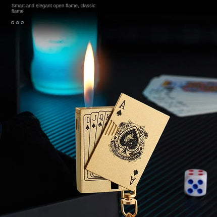 Metal Poker Keychain Pendant Inflatable Lighter Mini Compact Side Slip Butane Open Fire Outdoor Portable Lighter Men's Gift