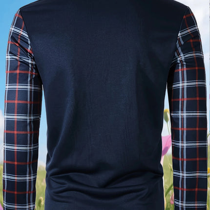 Men's Casual Color Blocked Shirt Long Sleeved Polo Shirt Lapel Pullover Checkered T-Shirt Simple Retro Men's Clothing