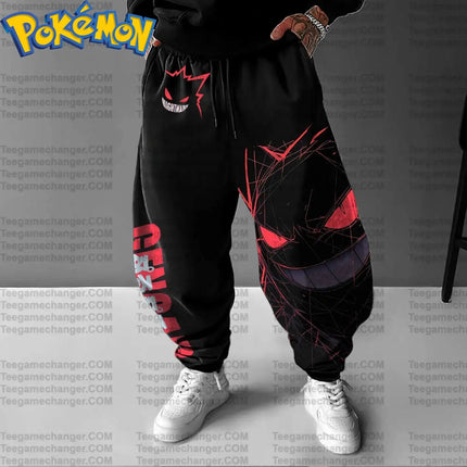 Pokemon Anime Gengar Cotton Hoodie Harajuku Pants Set Black Character Print with Red Eyes Sharp Teeth Pattern Two Piece Outfit