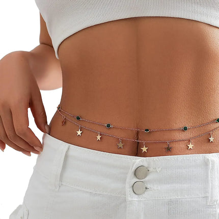 Beach Bikini Waist Chain Simple Double-layer Rhinestone Pentagram Pendant, Versatile Female Sexy Crystal Body Chain
