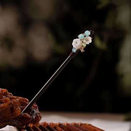 Elegant Chinese Style Wooden Hairpin Imitation Jade Flower Tassel Hair Stick Exquisite Handmade Girls Hair Accessories Hair Clip