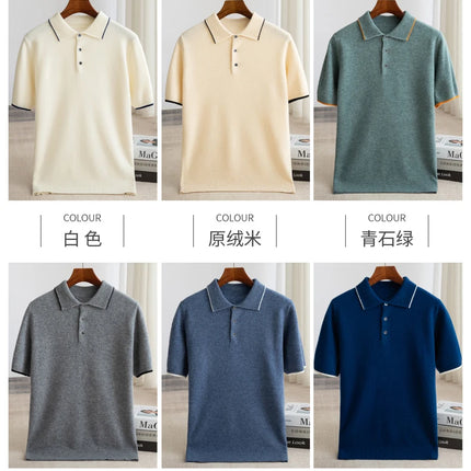 100% Merino Wool T-shirt Men's POLO Collar Short Sleeve Pullover 2025 Spring/Autumn New Fashion Knit Business Casual Sweater Tee