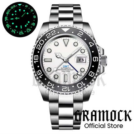 Gramock White Dial Blue GMT 40MM Watch For Men Roating Bezel Sapphire Glass Waterproof Reloj Hombre NH34A Mechanical Wristwatch