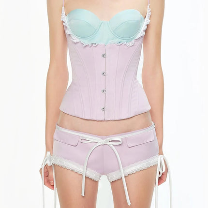 Weird Puss Sweet Camisole Women Low-Neck Lace Patchwork Irregular Single Breasted Y2K Wild Summer Valentine's Day Clubwear Tops