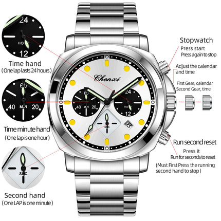 CHENXI Men's Watch Multifunctional Fashion Quartz with Calendar Luminous Display Men Watches Chronograph Business Wristwatch