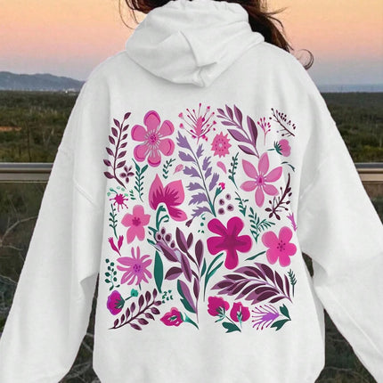Pink Flower Printing Women Hoody Harajuku Loose Sweatshirt Fleece Warm Comfortable Hoodies Vintage Autumn Crewneck Woman Top