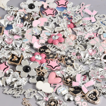 10/20/30/50pcs Random Mix Silver Color Heart Bow Star Charms For Junk Cases Flower Pink Girl Pendant DIY Hairpin Phone Case Bulk