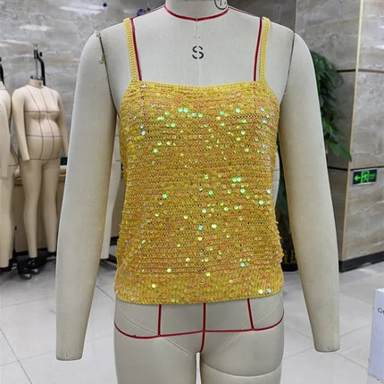 hirigin Sequin Crochet Crop Tops Women Summer Beach Knitted Smocked Camis Sparkly Glitter Backless Cover-up Crop Tops Vest