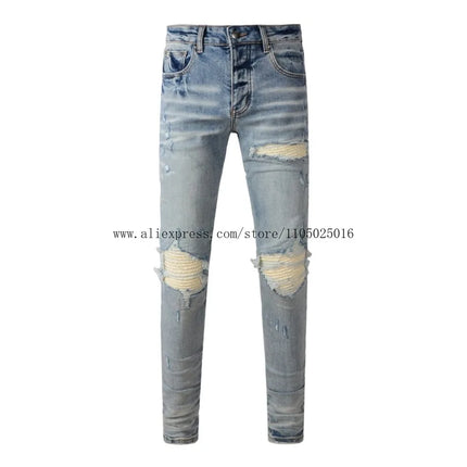 Fashion Americans Brands Men's Jeans Luxury Streetwear Holes Long Trousers Quality Male Stretch Slim Pants Skinny Trousers