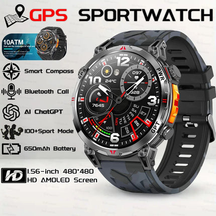 2026 New Outdoor GPS Sports Smartwatches Men Compass 10ATM Waterproof 24/7 Health Monitoring Chat GPT Bluetooth Call Smart Watch