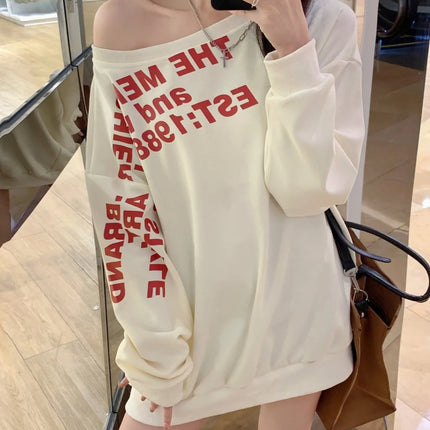 Sexy Oversized T-shirt Women Streetwear Letter Print Skew Collar Off Shoulder Long Sleeve Basic Top Korean Fashion Loose T-shirt