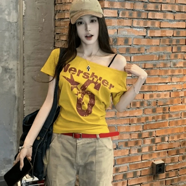 Fashion Y2k Off Shoulder Top Skew Collar Body Basic Short Sleeve Letter Print T Shirt Vintage Style