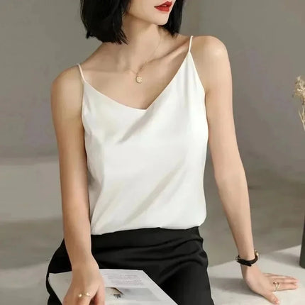 2026 Spaghetti Strap Top Women Halter V Neck Basic White Cami Sleeveless Satin Silk Tank Tops Women's Summer Camisole Crop Top