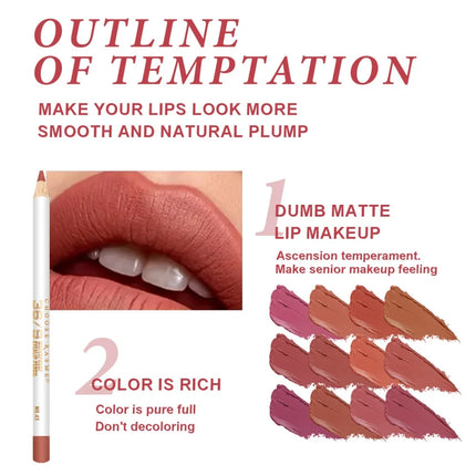12PCS Matte Velvet Lipliner Set Superfine Smooth Durable Waterproof Brown Mixed With Easy Makeup Lip Makeup