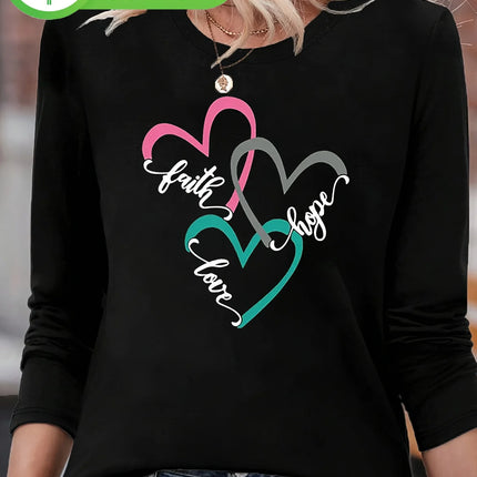 Women's Autumn and Winter 100% Pure Cotton Fashionable Casual Heart-Shaped Printed Round Neck Long-Sleeved T-Shirt Top