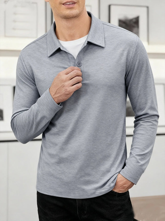 Men's Business Casual Long Sleeve Polo T-shirt Spring Summer Solid Color Comfortable Breathable Top Polos Shirts Male