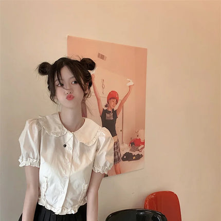 White Doll Collar Bubble Sleeve Shirt Women's Summer 2025 New Design Sweet Short Style Top Polyester Fabric Pure Color Fresh...
